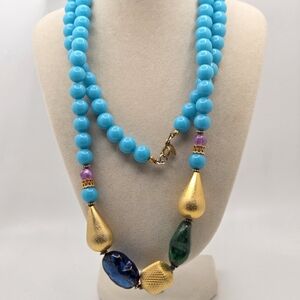 VINTAGE CADORO 36" Statement Necklace - Turquoise Glass-Like Resin & Art Glass